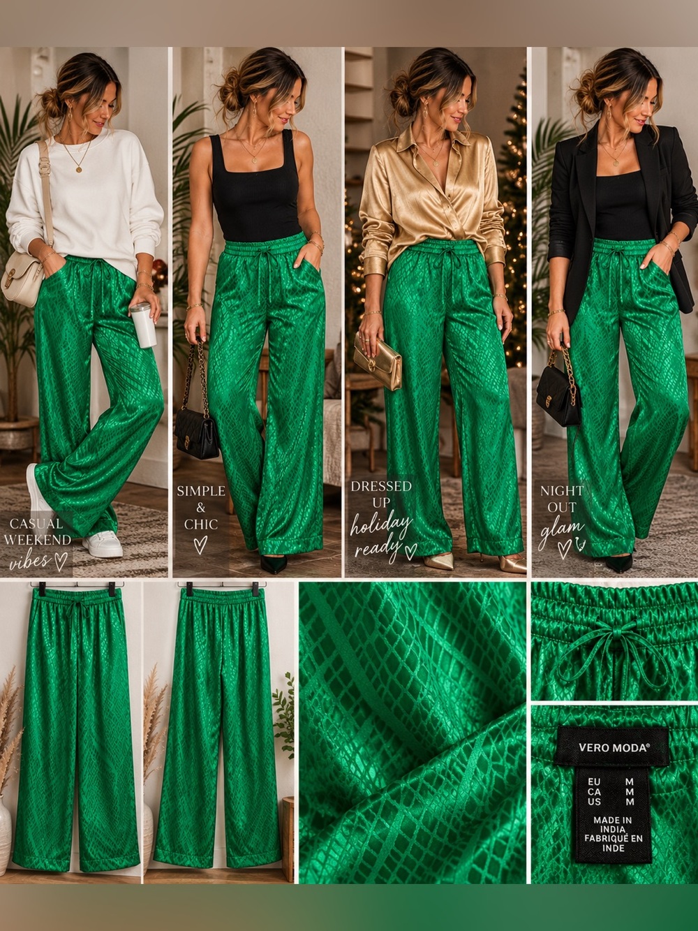 Vero Moda Emerald Green Satin Jacquard Wide Leg Pants Size M